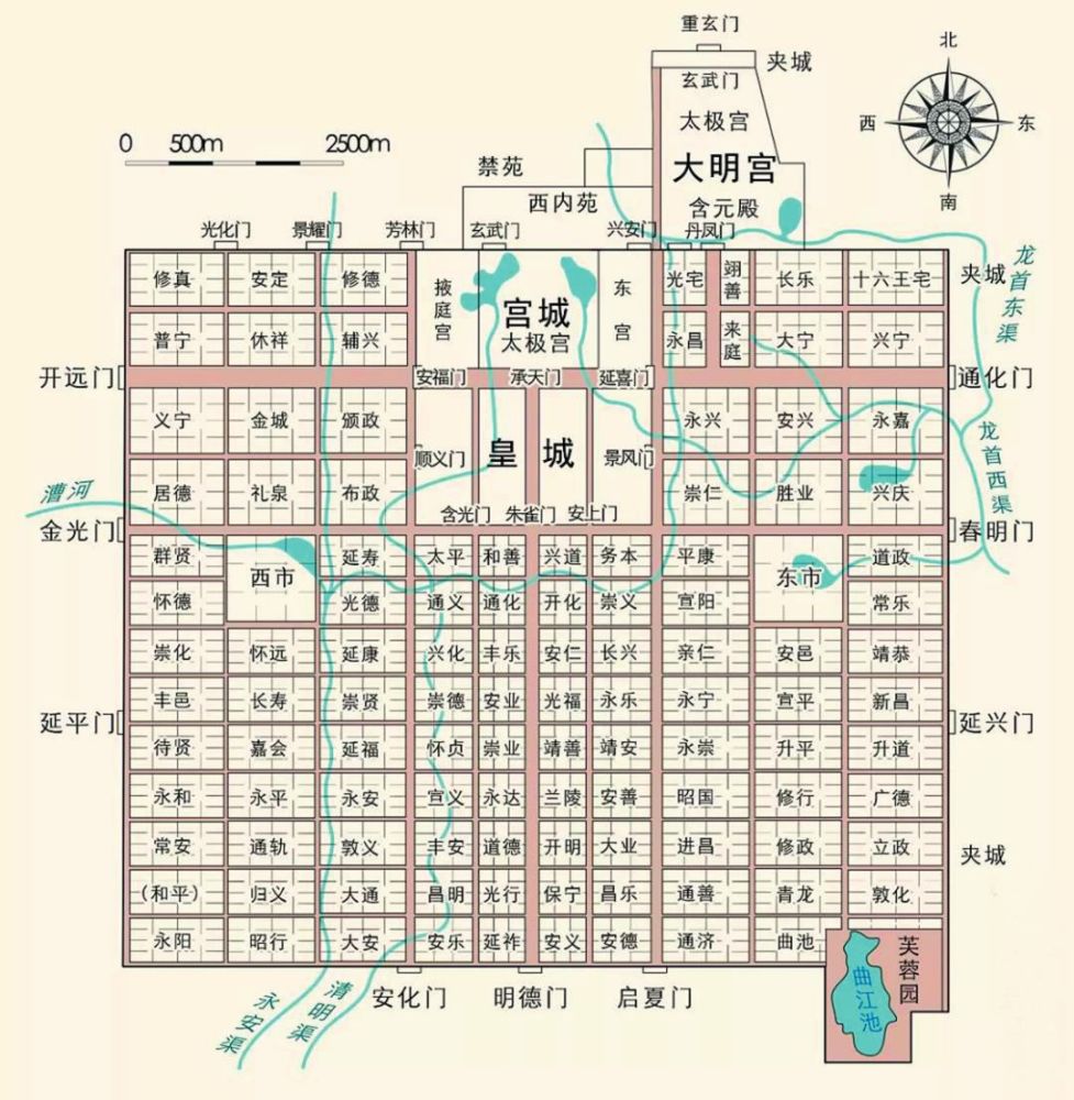 隋大兴城由宇文恺经过周密调查而精心设计,开皇三年由长安(今汉长安城