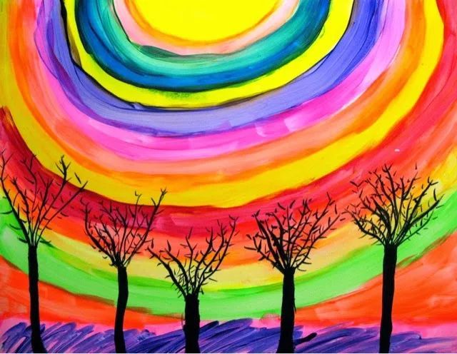 儿童画美丽的彩虹天空