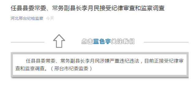 任县县委常委、常务副县长李月民接受纪律审查