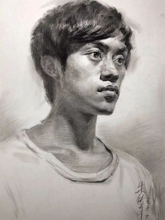 素描教学教你画略有仰视视角的四分之三侧男青年素描头像