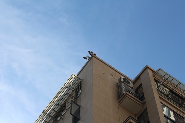 女子坐楼顶边缘要轻生 凌空哥飞身跃下将其抱