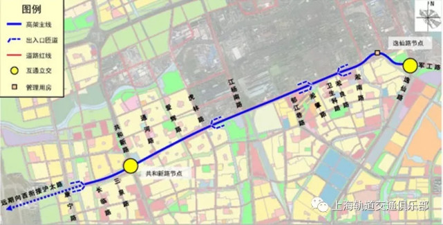 高架主线东接在建军工路高架路,向西预留远期延伸沪太路的条件.