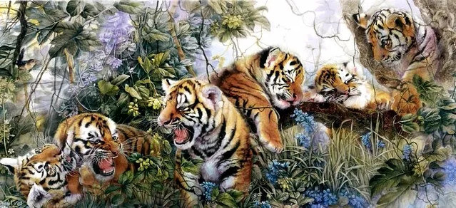 一组可爱的国画小老虎