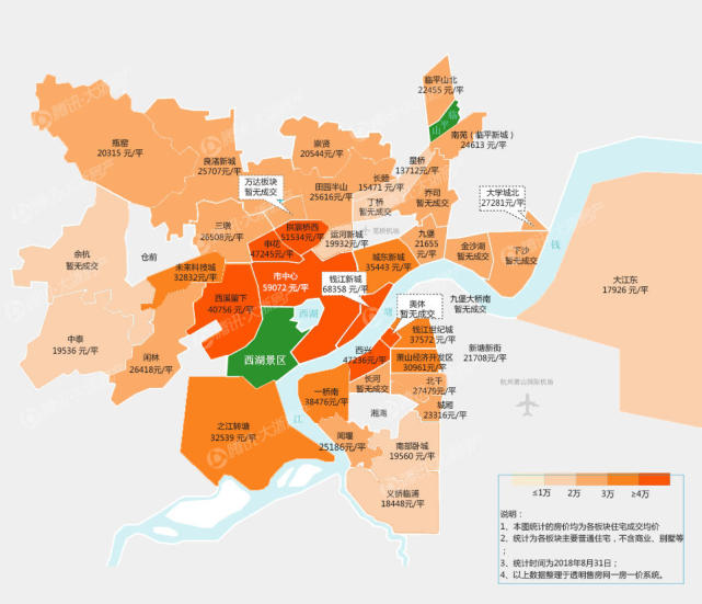 杭州8月份房价地图:临平北迈入2万+时代 各板
