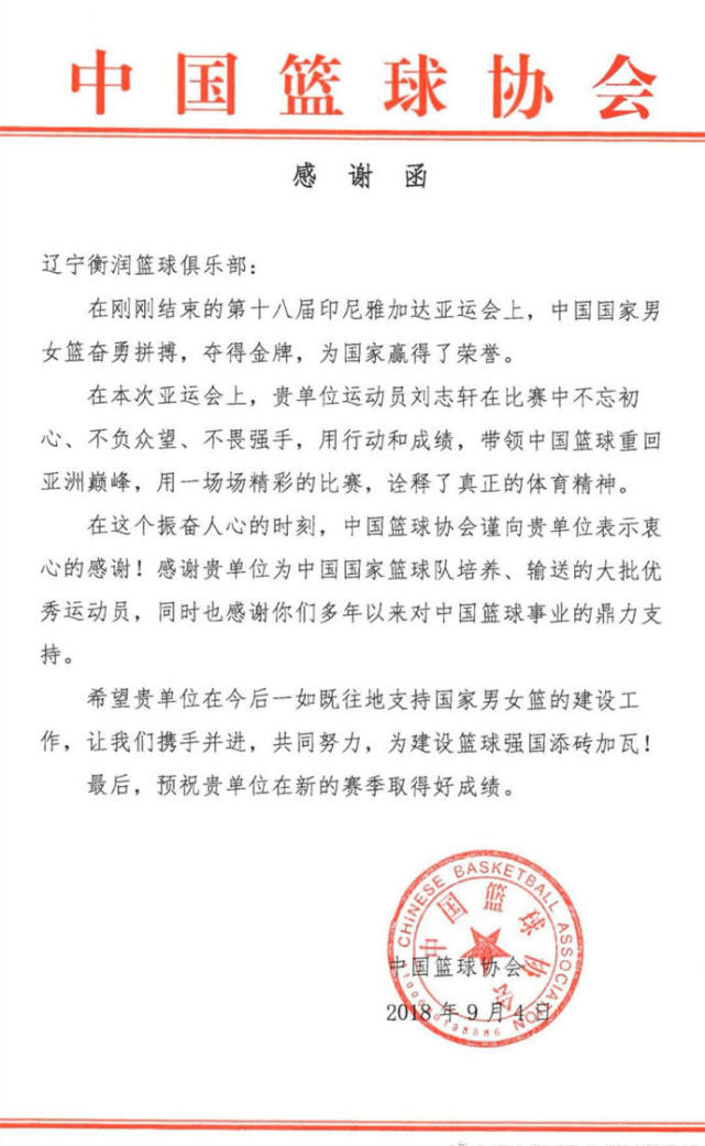 中国篮协感谢函中赞扬刘志轩:不负众望 诠释体