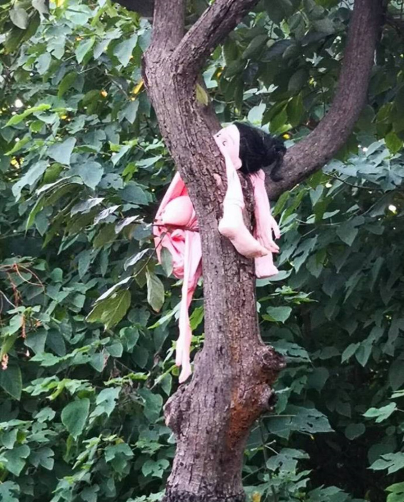 西安无聊人把充气娃娃挂在树上