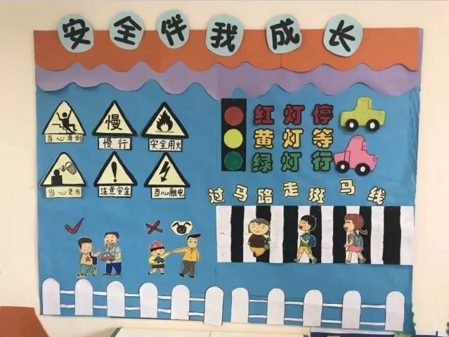 每学期待幼儿情绪稍稳定之后安全主题墙布置需提前布置,安全警钟长鸣