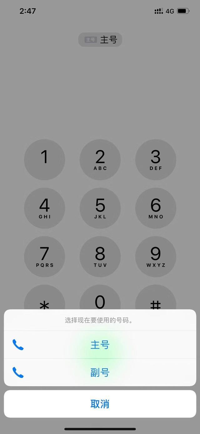 找到一张iphone xr用双卡打电话的截图,可设置主号副号