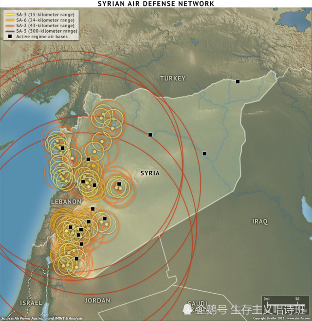 叙利亚西部密集的防空网堪称全球独有,其中最大的红圈为s-200导弹覆盖