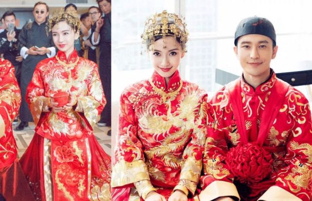 angelababy和黄晓明结婚共有两套中式嫁衣,为父母敬茶时穿的是传统