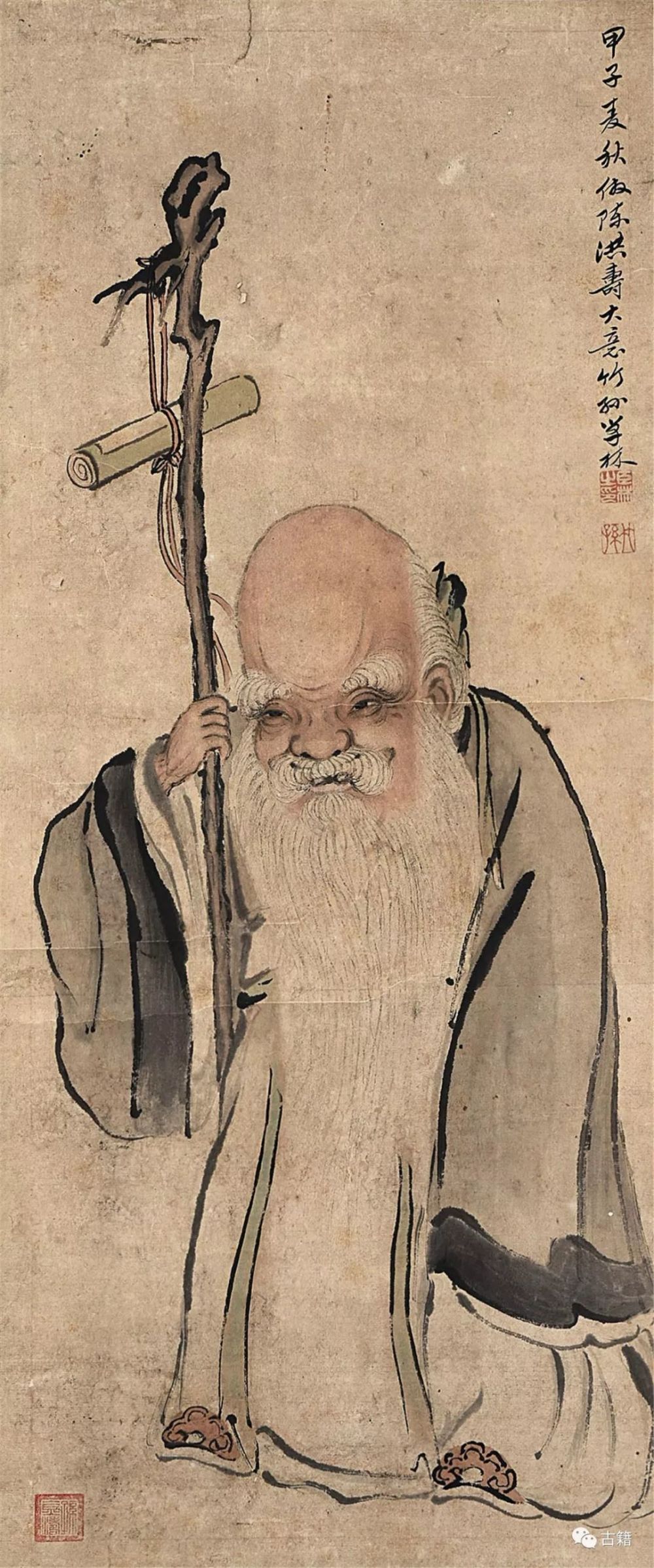 明朝以前,寿星的一般形象是"如意莲花冠,鹤氅,牌子,玎铛,白发,白髯