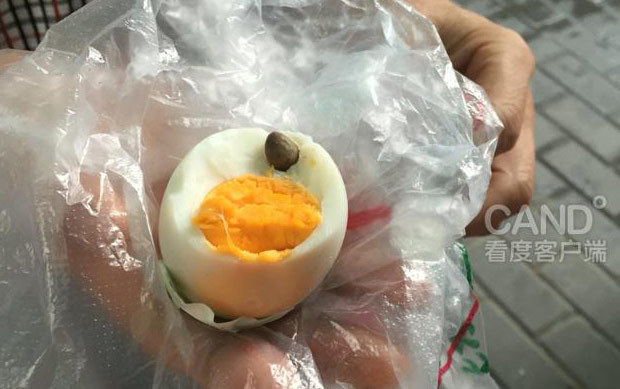 成都市民吃鸭蛋里发现黑褐色异物 指甲盖大小