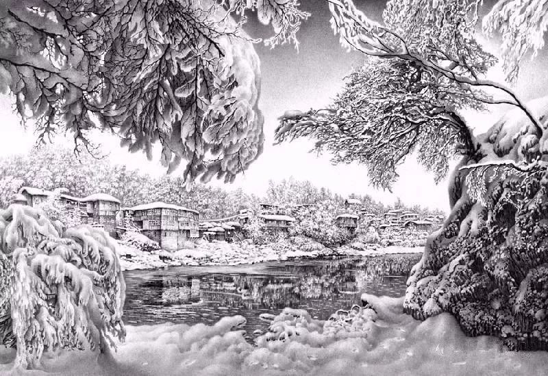 75岁老人铅笔画雪景,太震撼啦