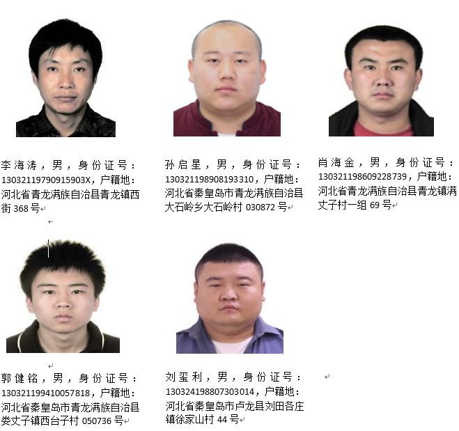通缉令!秦皇岛5名涉黑人员被网上追逃看见请第一时间报警
