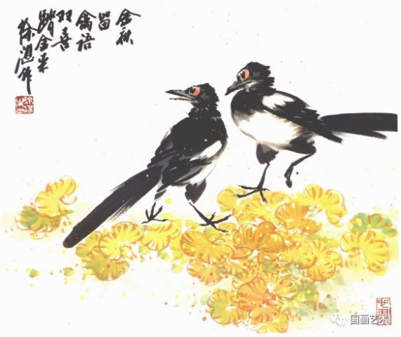 跟徐湛老师学写意花鸟画:喜鹊的画法
