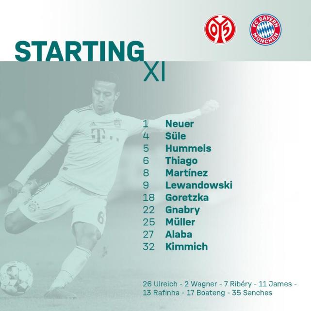 美因茨VS拜仁首发:莱万单箭头 穆勒蒂亚戈登场