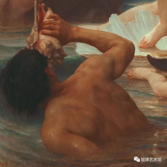 局部图画中描绘女神维纳斯脚踏贝壳从海水中升起,享受着周围众多的