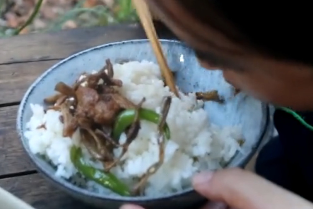 实拍苗大姐吃午餐,一道干豆炒肉配一碗饭,吃着