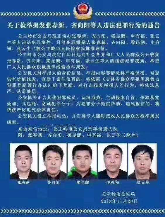 目前犯罪嫌疑人张春新,齐向阳,梁昆鹏,申有福,张云生己被公主岭市人民