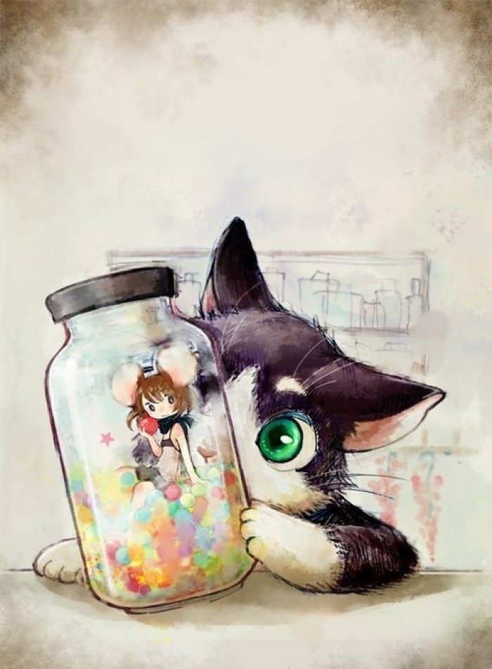 萌力十足的猫咪插画背景,看了以后心情都好了,都是水粉画哦!