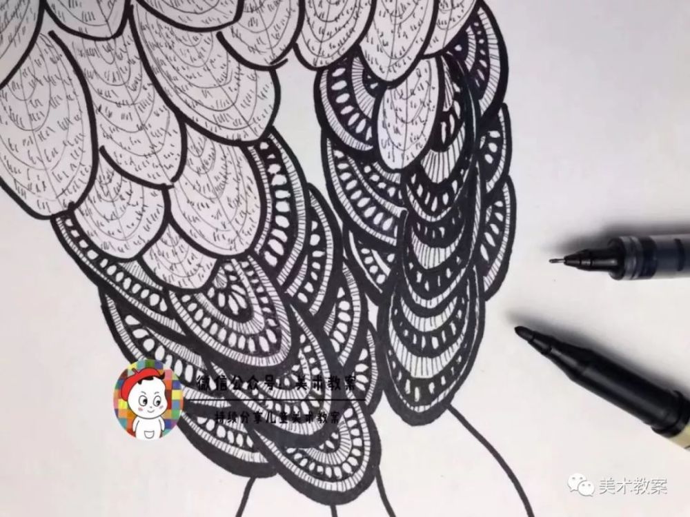 5,用走珠笔画鹦鹉身体部分羽毛花纹.