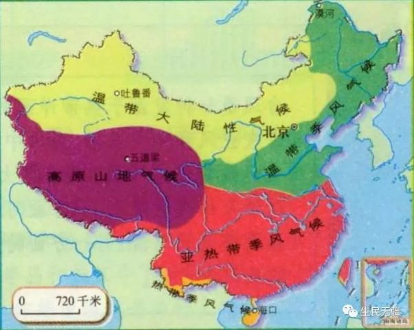 古代中国核心区气候:亚热带季风气候,温带季风气候