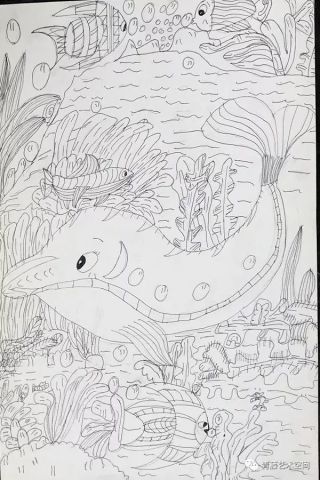 陈新铖,10岁,线描画《海底世界》