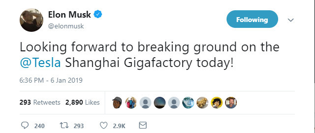 马斯克:期待特斯拉上海超级工厂动土仪式