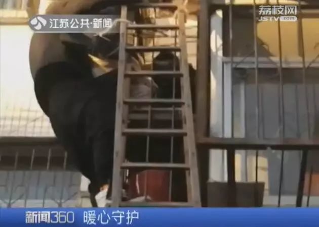 消防人员赶到后赶紧架起梯子营救