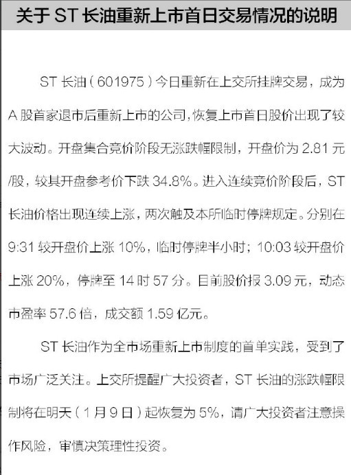 上交所:ST长油为重新上市制度首单实践 请投资