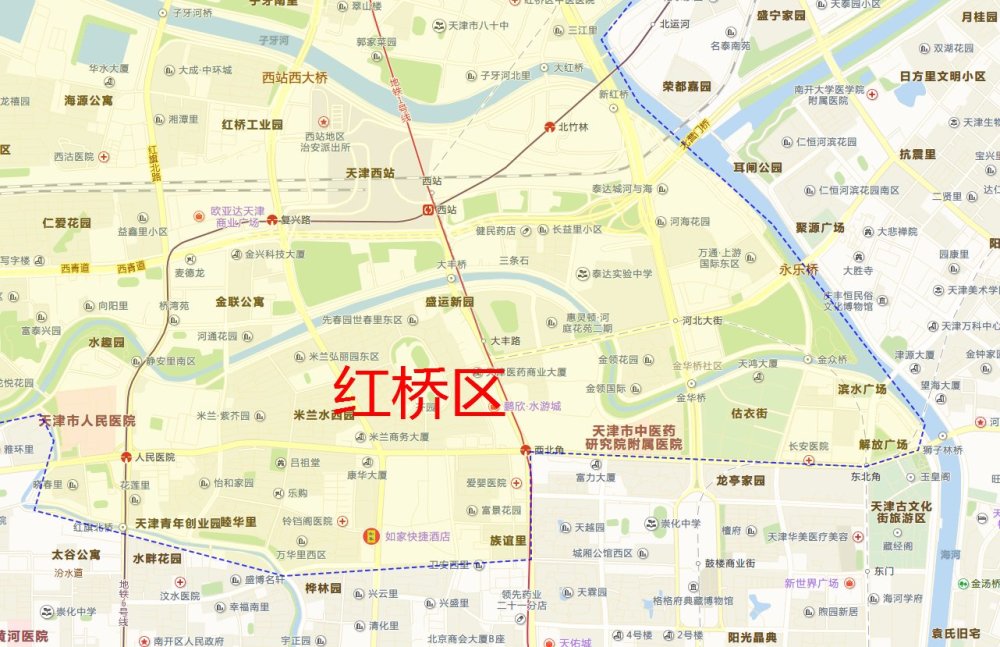 下图就是天津市红桥区的地图与天津西站的位置.