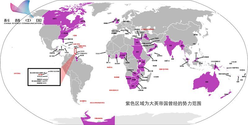 大英帝国历史上的势力分布范围(紫色区域),作者自制