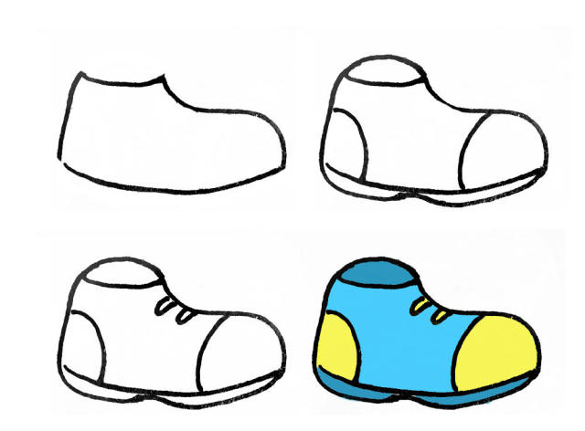画出鞋带;   4.上色.   四,小公主鞋的画法   1.画出鞋身;   2.
