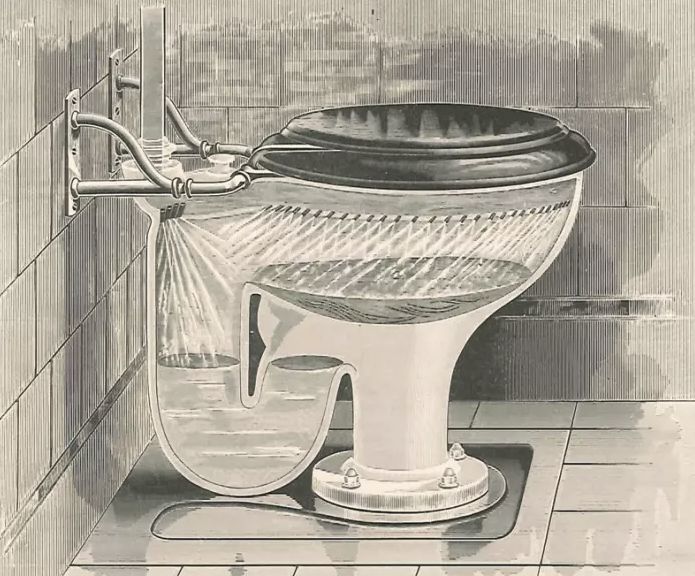 人类发明的第一个冲水马桶,1824年.图源:公共领域