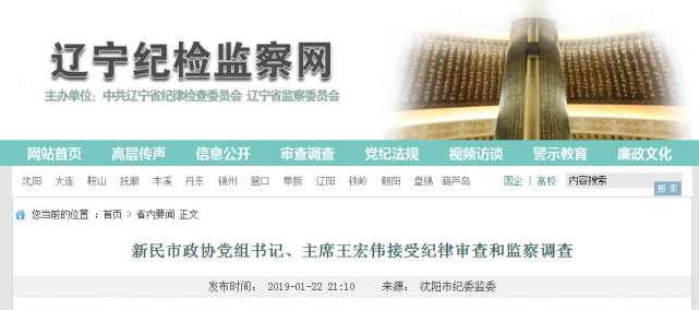 新民市政协党组书记、主席王宏伟接受纪律审查
