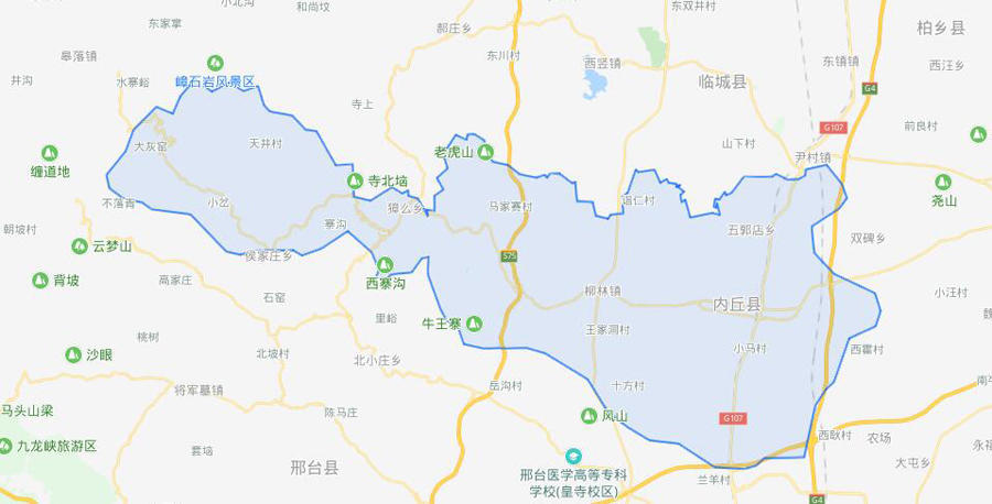 内丘县的地图比较狭长,东西长度约60公里,而南北宽度最窄处(獐么乡)