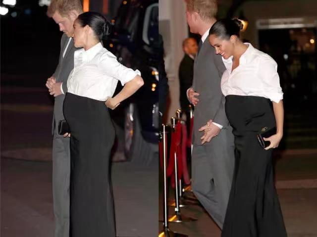 梅根学西班牙王后穿高腰包裙,怀孕6月捧孕肚拉