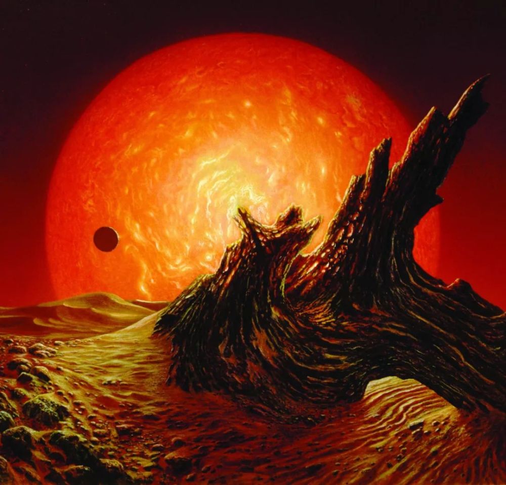 艺术家唐·迪克森描绘的50 亿年后的未来,月亮穿过膨胀中的红巨星太阳