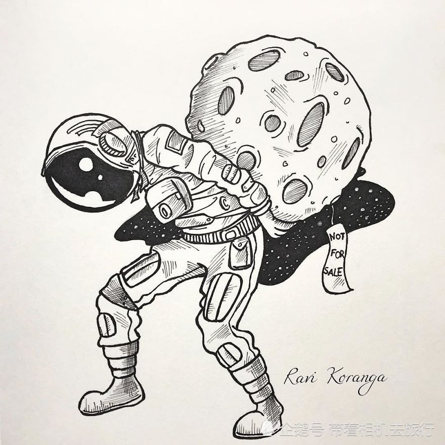 有趣的手绘插画:一位浪迹宇宙的宇航员