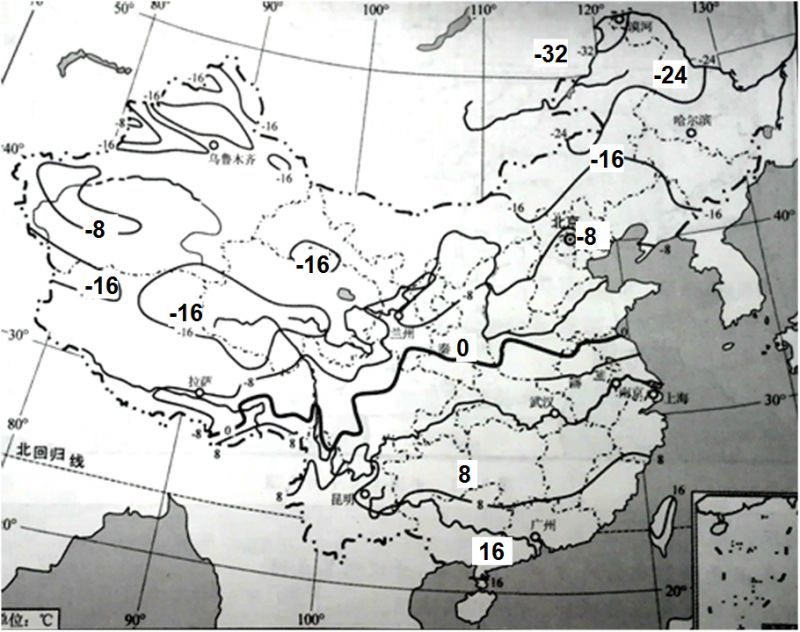 我国1月份等温线分布图