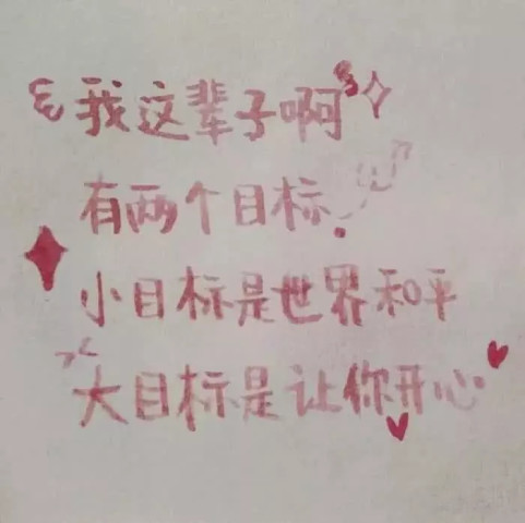的字写着,我这辈子啊,有两个目标,小目标是世界和平,大目标是让你开心