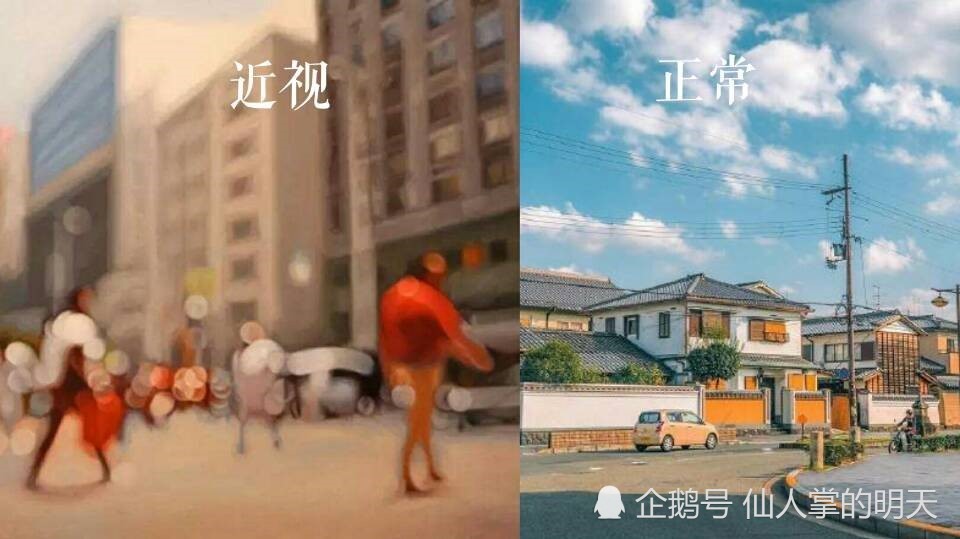 这是一张街景图,左侧的是近视眼的世界,右边是正常人的世界.