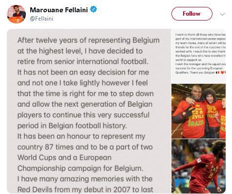 费莱尼宣布退出比利时国家队 为国效力12年+获