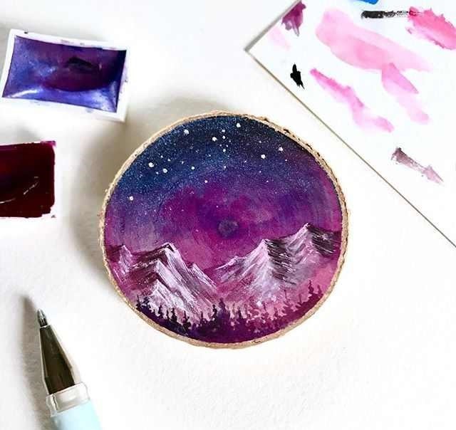 木头上的水彩插画,梦幻的星空美景