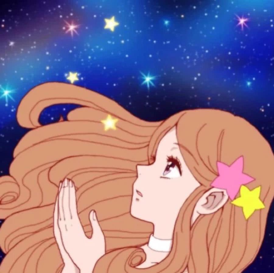 深蓝色的背景上画着彩色的小星星,星空下一个长发飘飘,头上别着星星