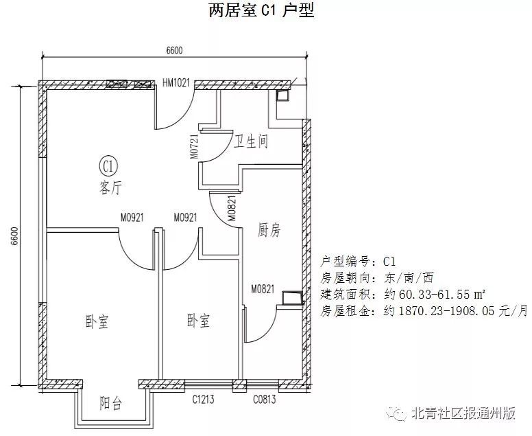 台湖银河湾公租房项目户型图(两居室c1户型图)