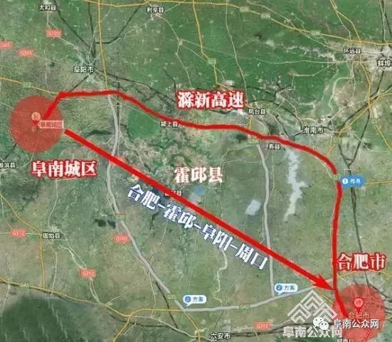 向西北经 阜南,临泉,河南周口沈丘接宁洛高速公路 合肥-霍邱-阜阳