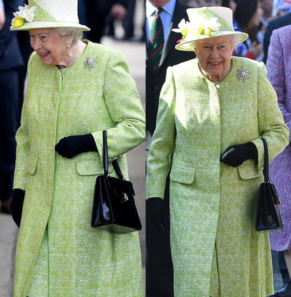 92岁英国女王一身嫩绿色大衣太显嫩啦!配浆果色口红美