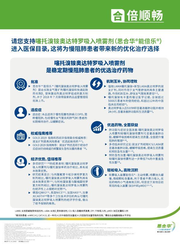 请您支持噻托溴铵奥达特罗吸入喷雾剂(思合华能倍乐)进入医保目录