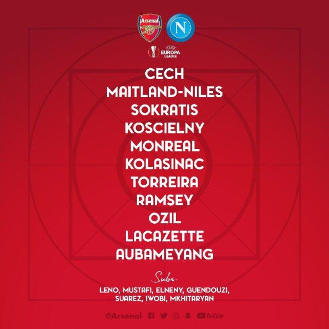 阿森纳VS那不勒斯首发:枪手双锋联袂 厄齐尔核